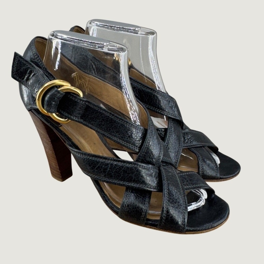 Chloe Strappy Leather Sandals 41 10.5 Black Wood Block Heel Designer Luxury